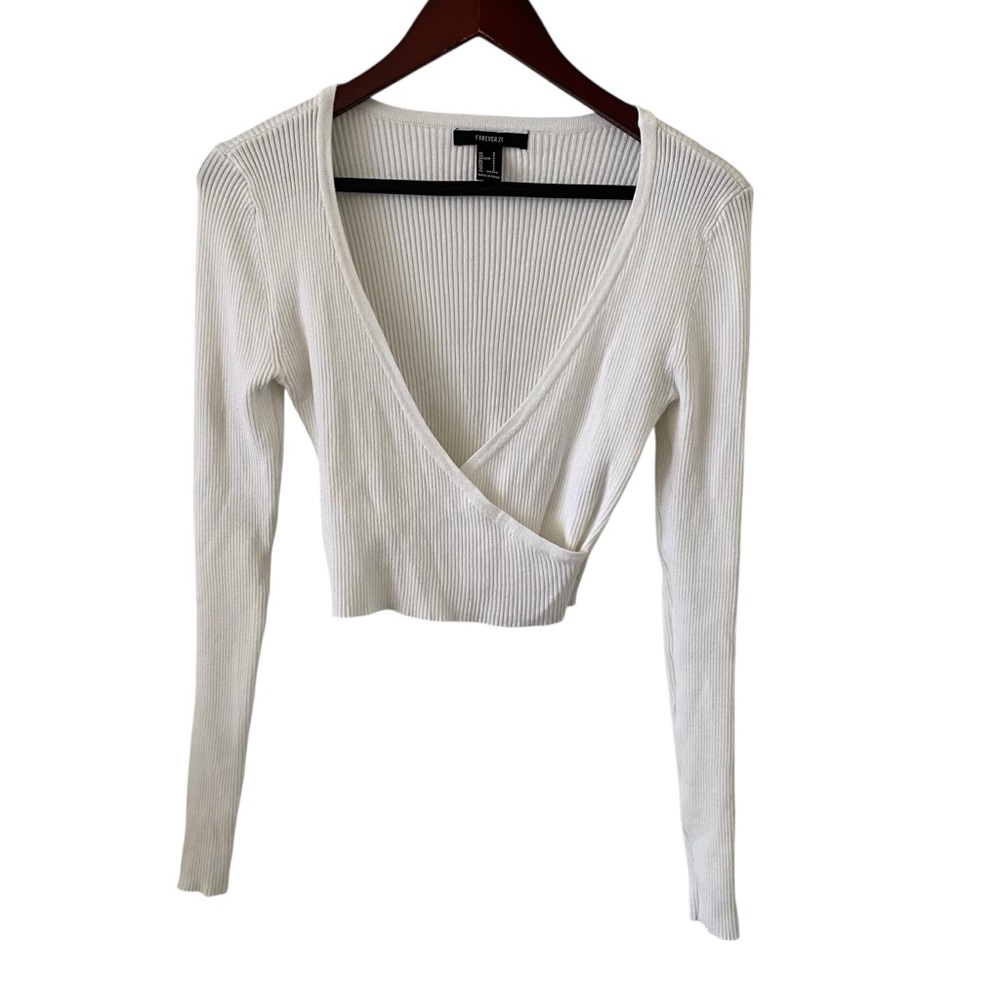 Forever 21 White Ribbed Sweater Knit Long Sleeve Crop Top Women’s Small